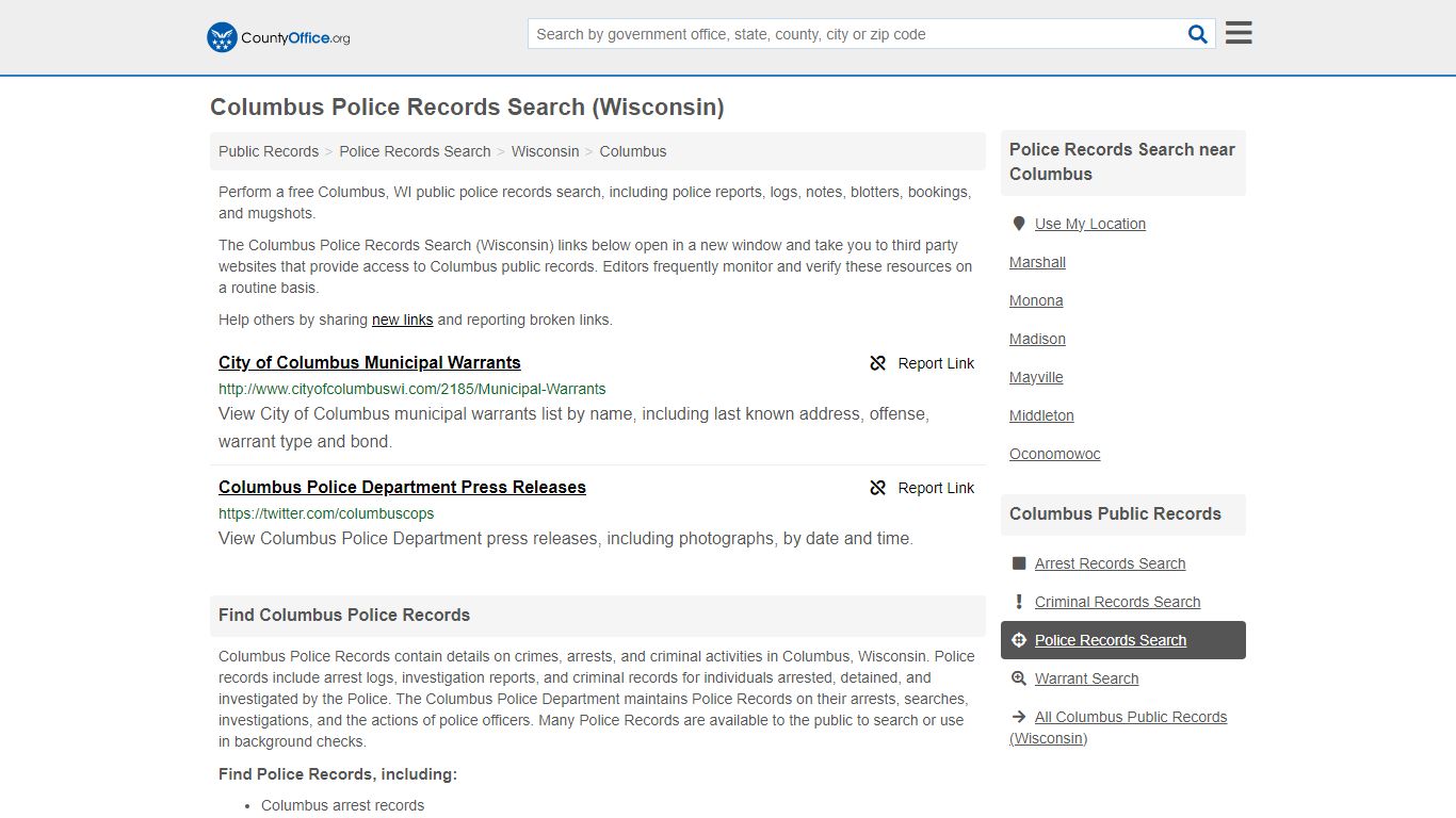 Columbus Police Records Search (Wisconsin) - County Office